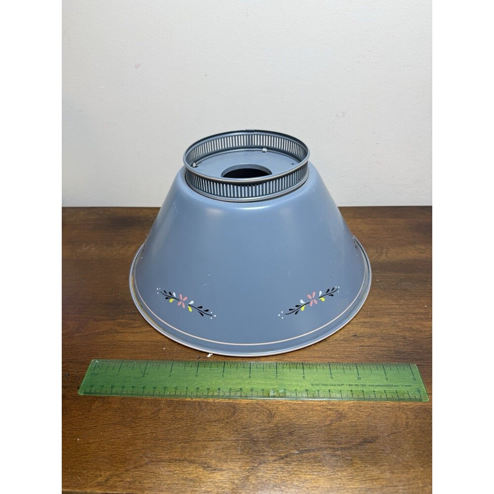 Vintage Tole Toleware Metal Blue Gray Lamp Shade 12"w Painted Flowers Floral - Picture 7 of 9